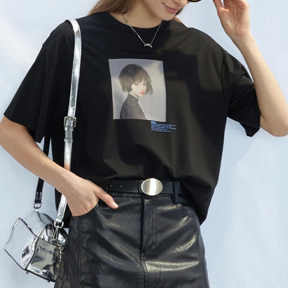 S DEER Round Neck Letter Printed Short Sleeve T-shirt - Black - Small